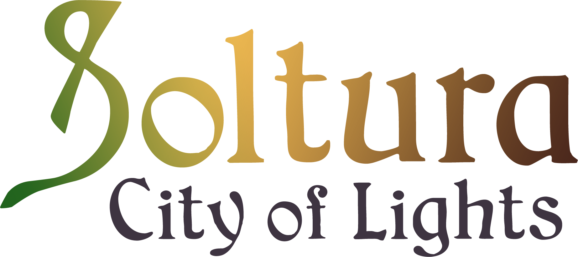 Art Nouveau inspired title in green, gold, and purple. Soltura, City of Lights.